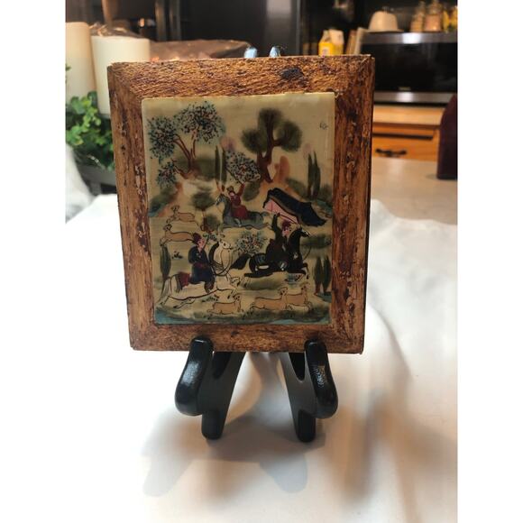 Vintage Khatam Micro Mosiac/bone Hunting Scene jewelry box. 4.75x4” - Picture 1 of 8